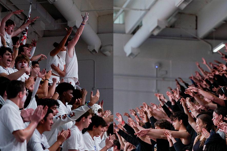 (Photo-collage) From left to right, Sidwell Friends and Jackson-Reed students cheer on their teams as they play in the D.C. State Athletic Association Basketball State Tournament final at the Smith Center Sunday night. Sidwell took home the win, 62-47. 