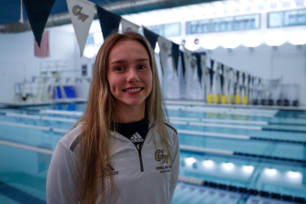 Julia Knox has zeroed in on lightning-fast times in the 200-yard breaststroke and 400-yard IM over the course of her two seasons while collecting a total of eight conference medals to her name.