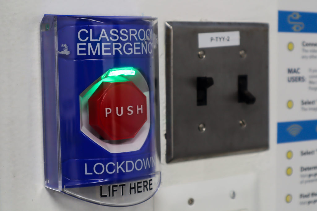 A classroom emergency lockdown button, which locks rooms GWorld readers and notifies the GW Police Department of emergencies if pressed. 