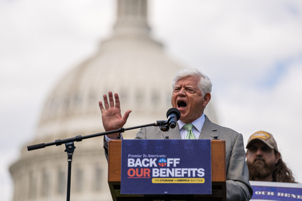 Rep. John Larson, D-CT, speaks at the Courage for America Back Off Our Benefits news event in the House Triangle.