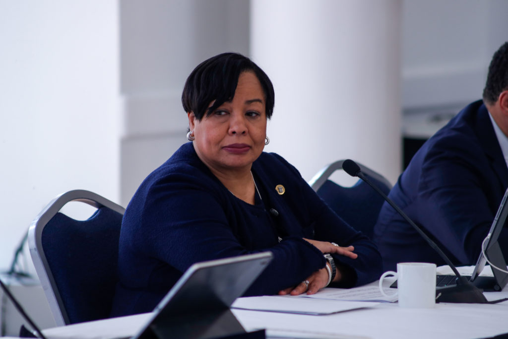 Board of Trustees Chair Grace Speights leads a meeting in May.