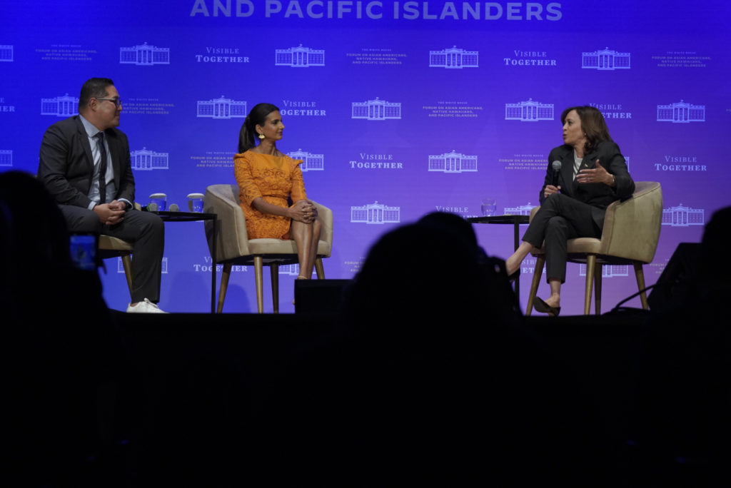 Vice President Kamala Harris talks with actress Poorna Jagannathan and Jerry Won, the CEO of Asian American storytelling company Just Like Media.