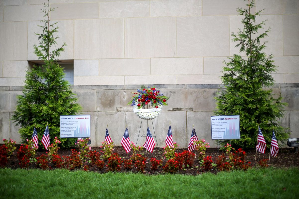 The temporary tribute on the south side of Lisner Auditorium featured nine flags dedicated to the nine GW alumni who died during the terrorist attacks that killed nearly 3,000 people on Sept. 11, 2001.