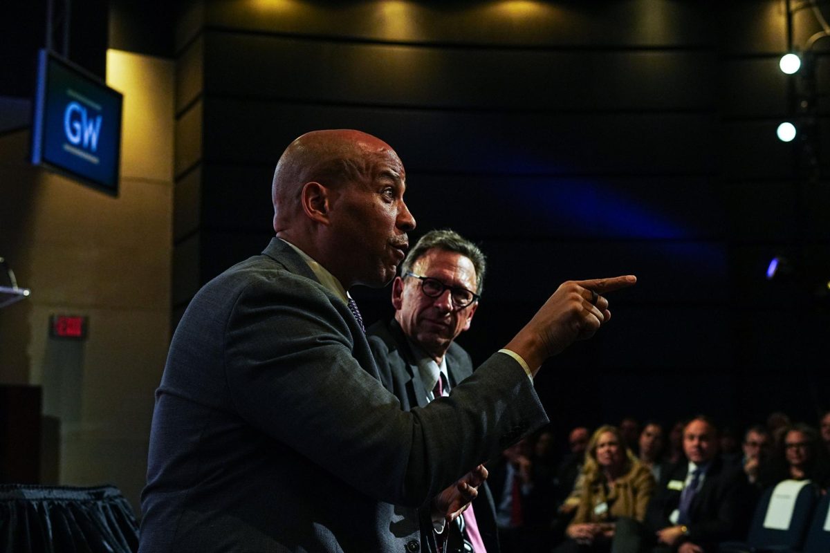 Sen. Cory Booker (D-NJ) fielded questions on political polarization and his career in politics during the event in the Jack Morton Auditorium Thursday.
