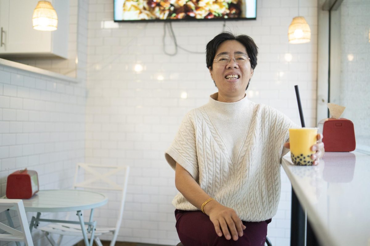 Teashi owner Lisa Lin sips a bubble tea in the Chinese eatery’s Dupont Circle location – the businesss new post after vacating Shenkman Hall in February 2022.