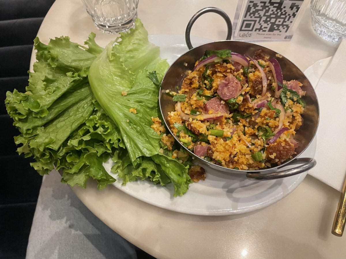 Laos+in+Towns+crispy+rice+salad%2C+a+savory+and+spicy+medley+of+crispy+rice%2C+red+onion%2C+scallions%2C+cilantro%2C+sour+pork%2C+ginger+and+peanuts.