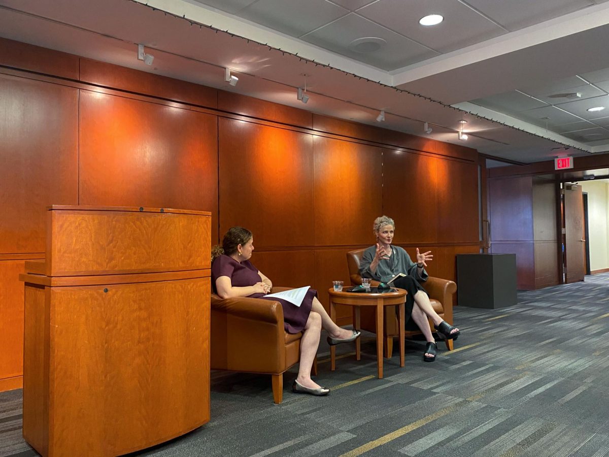 Harvard professor Alicia Ely Yamin, right, and Rosa Celorio, left, unpack Yamins recent book release during the moderated conversation at the GW Law School Thursday.