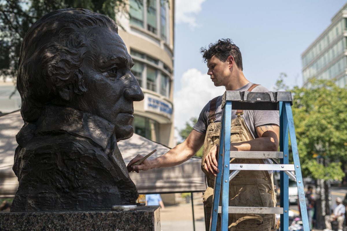 The George Washington bust outside the Foggy Bottom metro station gets a makeover.