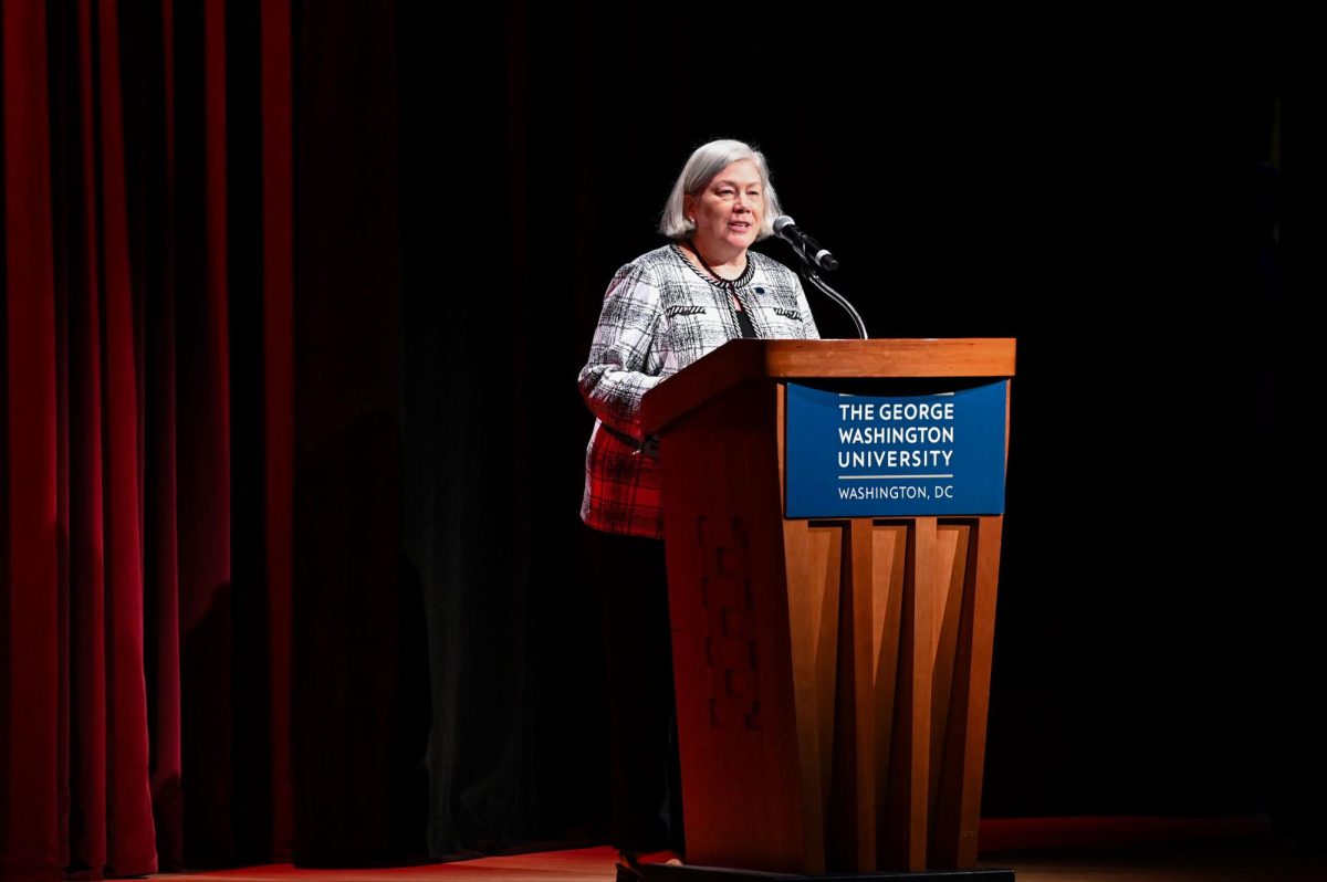 University President Ellen Granberg addresses students and families at the Presidential Conversation in Lisner Auditorium on Saturday.