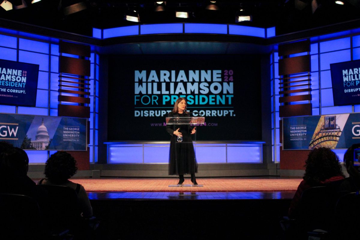 Marianne Williamson at the School of Media and Public Affairs.