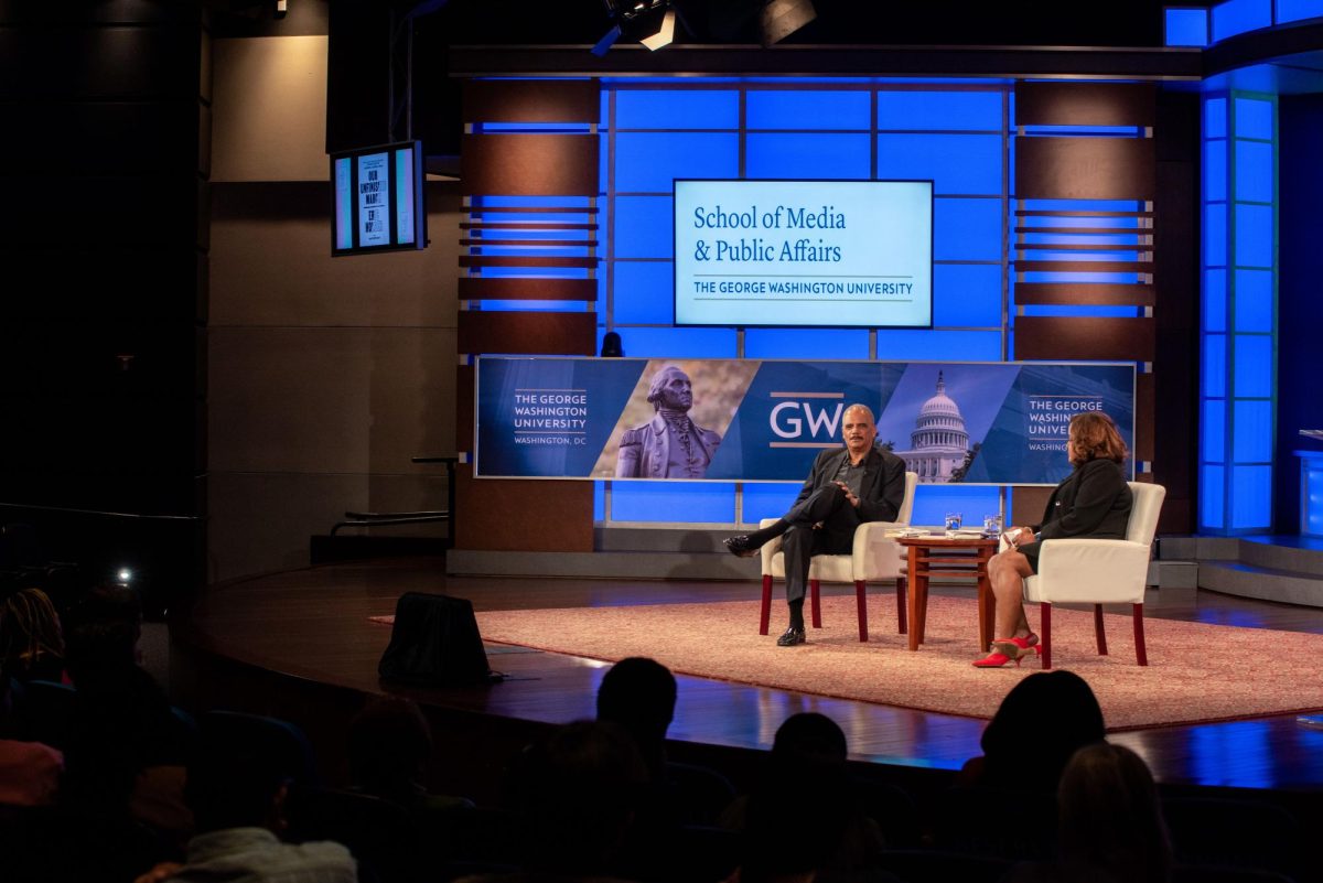 Eric Holder in the School of Media and Public Affairs earlier this month.