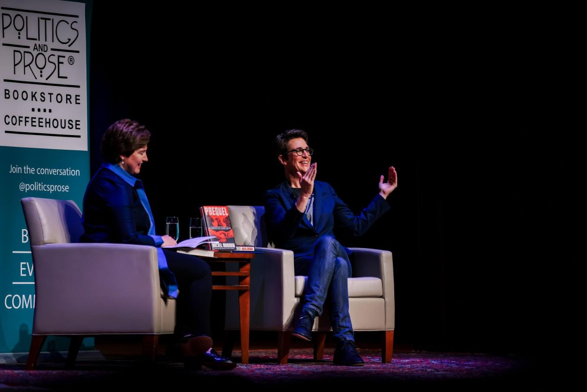 Political commentator Rachel Maddow discussed the dangers of declining democracy and the rise of authoritarianism in the United States during her moderated talk at Lisner Auditorium on Wednesday.
