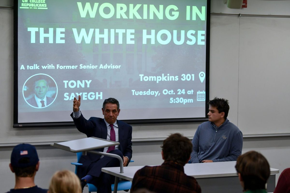 Former White House senior advisor Tony Sayegh addresses students during the discussion with GW College Republicans on Tuesday.
