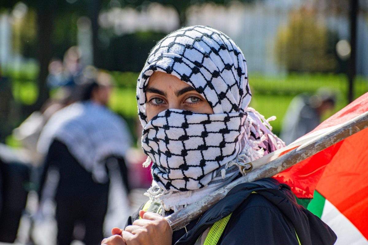 A demonstrator at the Palestinian Youth Movement rally Sunday.