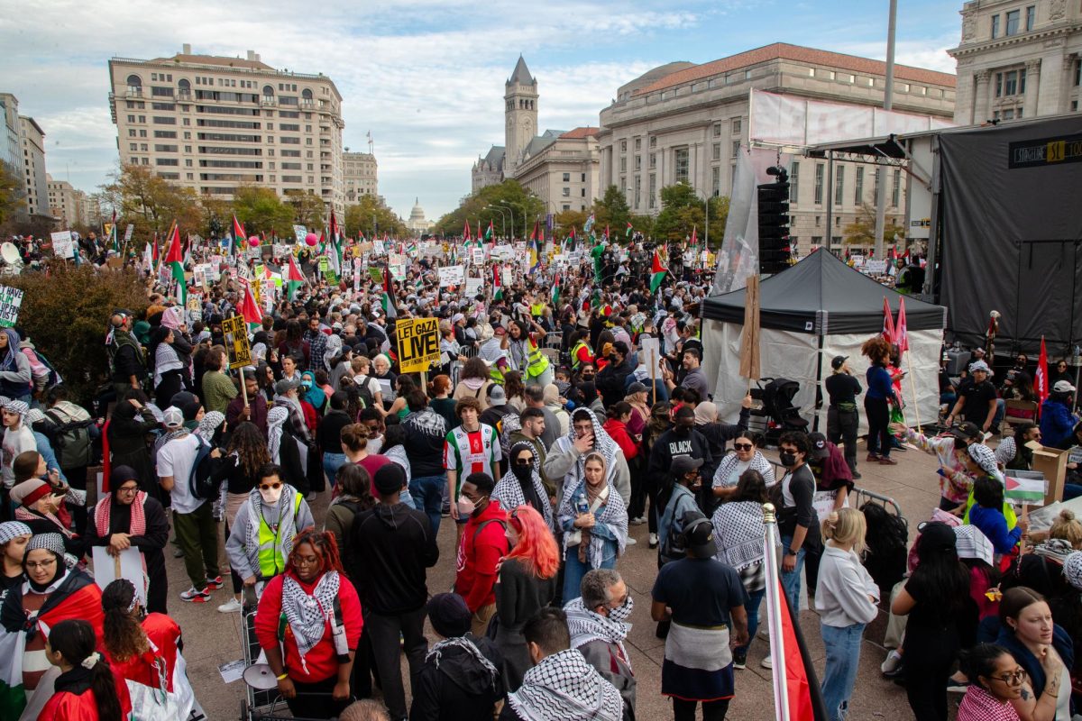 A sea of pro-Palestinian protesters flooded Freedom Plaza on Saturday to call for a cease-fire in the Gaza Strip.