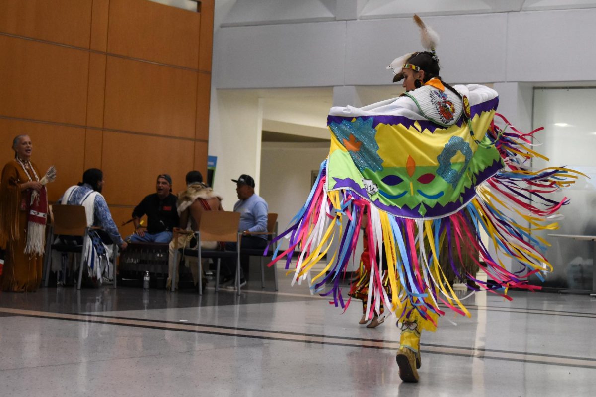 Rappahannock Tribe dancers from Virginia stage an hourlong drum and dance performance in the University Student Center on Friday.