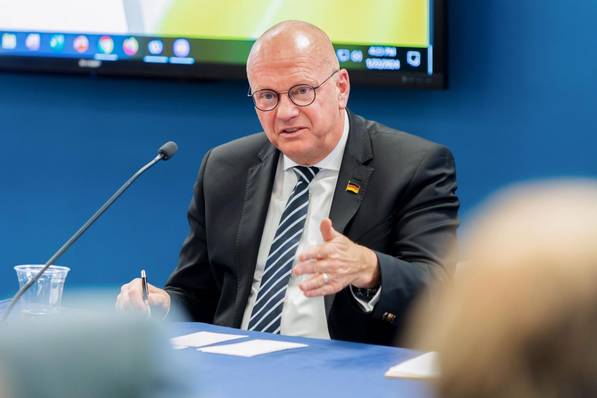 Andreas Michaelis, Germany’s U.S. ambassador since August 2023, during a discussion at the Elliott School of International Affairs.