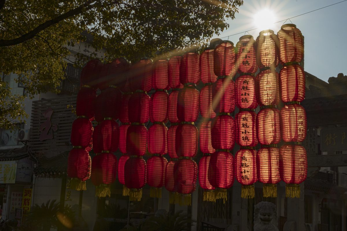 Empty lanterns hang outside in Old Town, Shanghai.