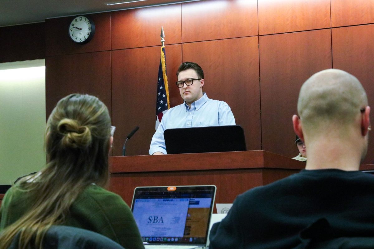 Student Government Association Sen. Simon Patmore-Zarcone (Law-G) at the Student Bar Association meeting Tuesday.