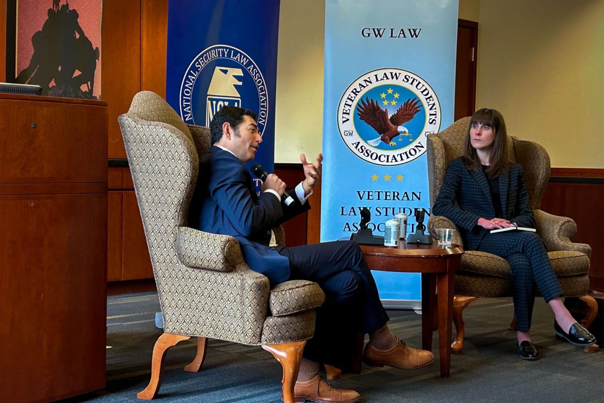 Mariano-Florentino Cuellar, the president of the Carnegie Endowment for International Peace, speaks at the GW Law School Student Conference Center.