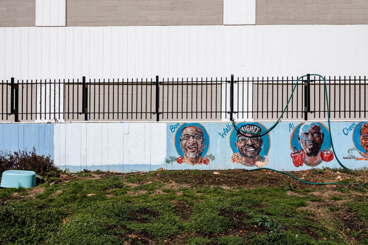 A block of white paint covers up pro-Palestinian murals at the GroW Garden across from Amsterdam Hall.
