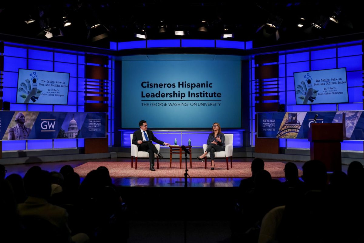 Julie+Chavez+Rodriguez+responds+to+a+question+from+CBS+News+Senior+White+House+Correspondent+Ed+O%E2%80%99Keefe+during+the+discussion+in+the+Jack+Morton+Auditorium.