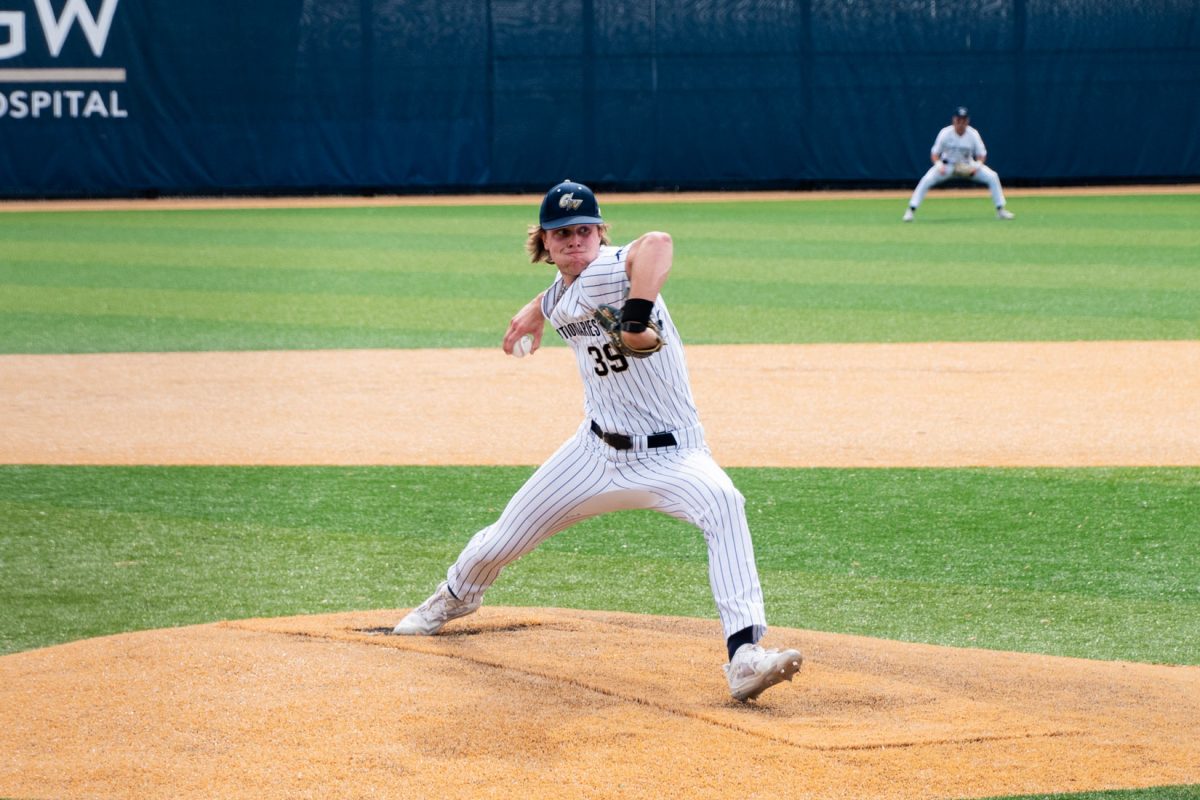 Sophomore Max Haug launches a pitch in a game against Coppin State.