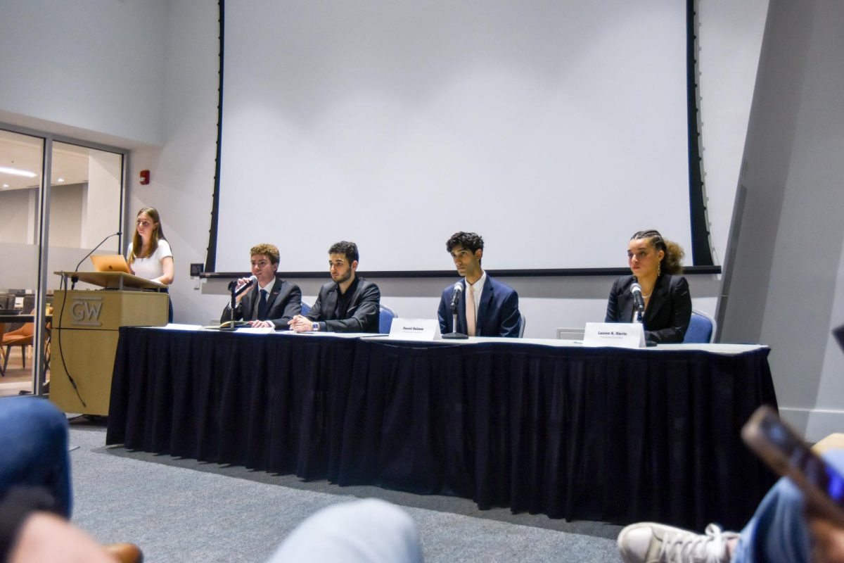 From left to right, Student Government Association presidential candidates Ethan Fitzgerald, Nicky Beruashvili, Dan Saleem and Lauren K. Harris at Tuesday nights debate.
