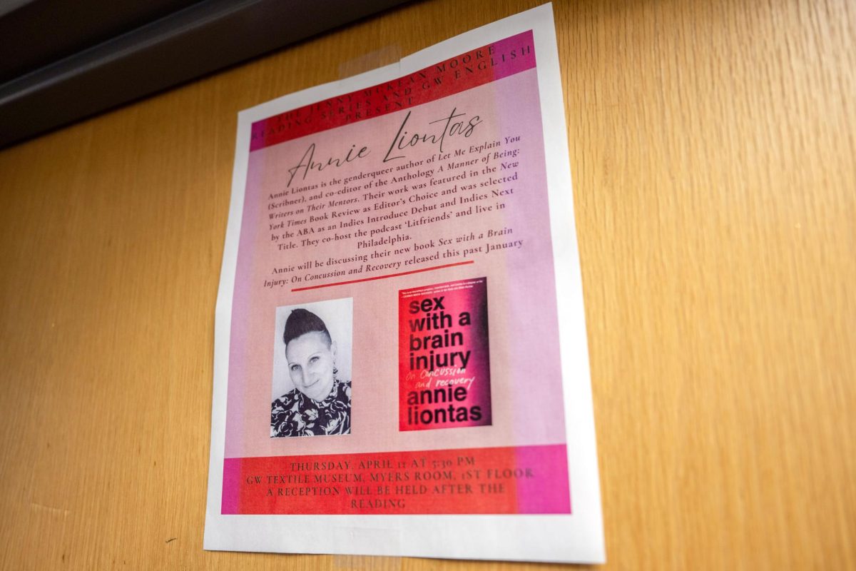 A poster in Phillips Hall advertises Annie Liontas talk about their book Sex with a Brain Injury: On Concussion and Recovery.