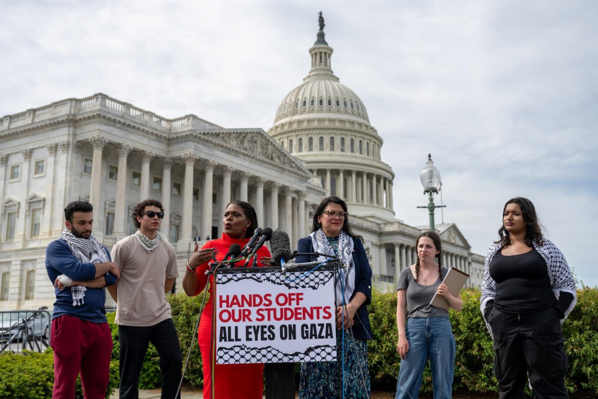 Reps. Cori Bush (D-MO) and Rashida Tlaib (D-MI) host a press conference with demonstrators on Capitol Hill after polices clearing of University Yard. 