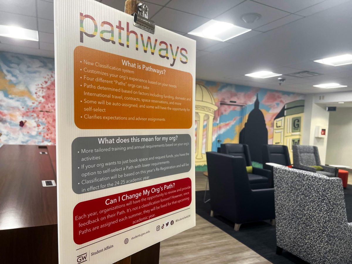 A Pathways sign stands on the fourth floor of the University Student Center.