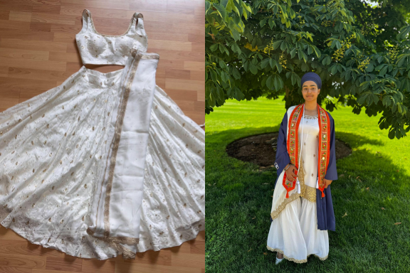 Left: a Lehenga traditional Indian garment made up of a blouse, a skirt and a scarf, called a dupatta. 
Right: Harmanjeet Kaur wearing a traditional Punjabi suit with a graduation stole embroidered with phulkari.