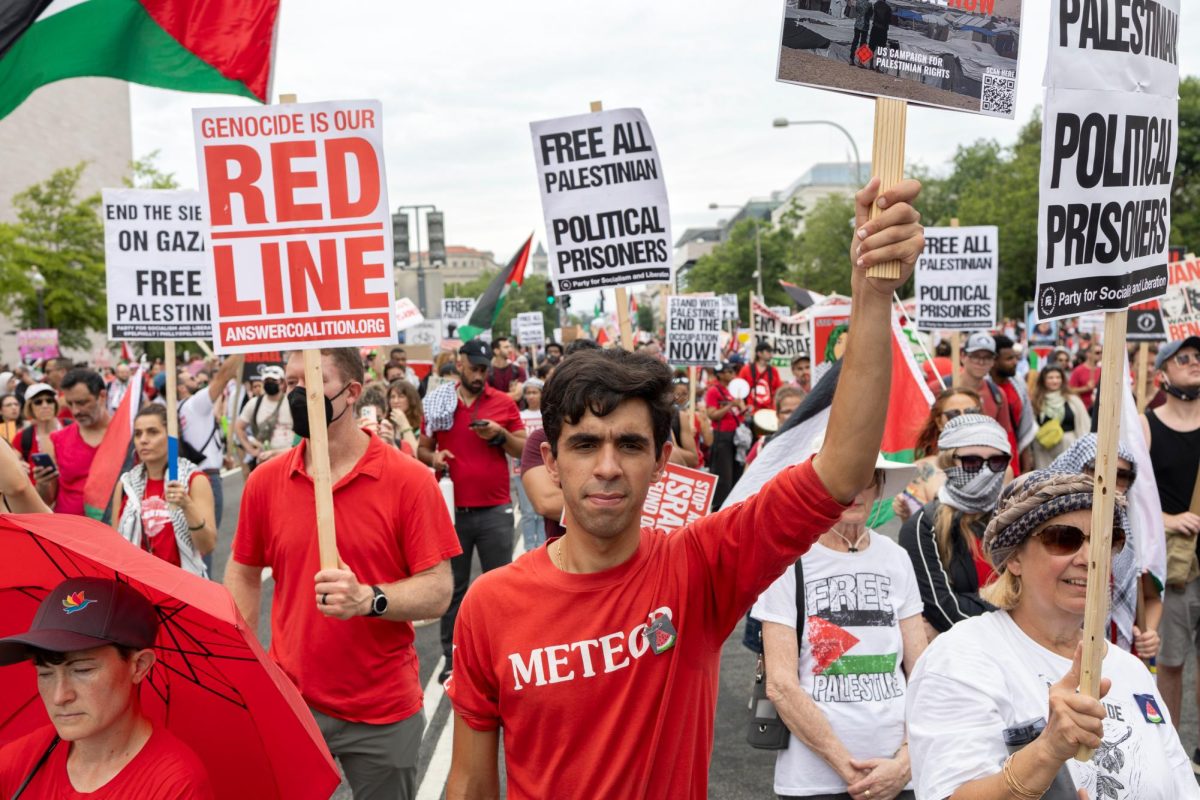 Thousands of pro-Palestine demonstrators march down Pennsylvania Avenue toward the United States Capitol.