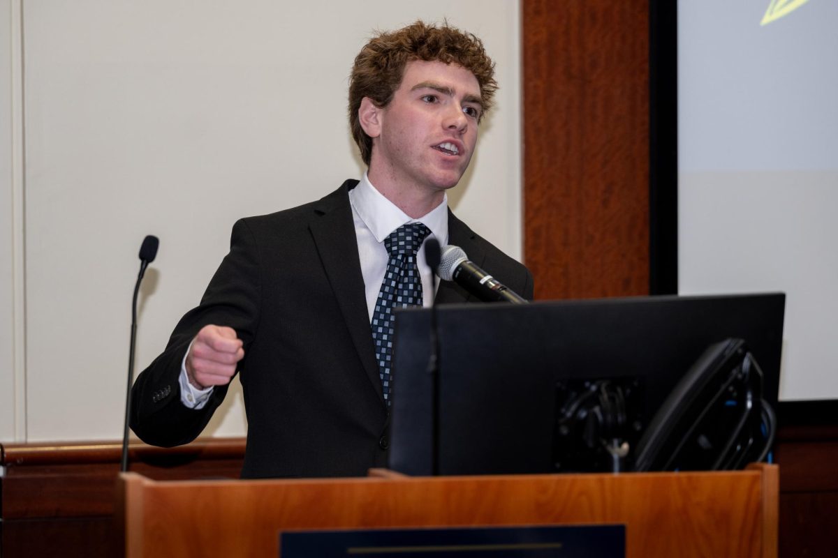 Student Government Association President Ethan Fitzgerald delivers remarks after his swearing-in in April.