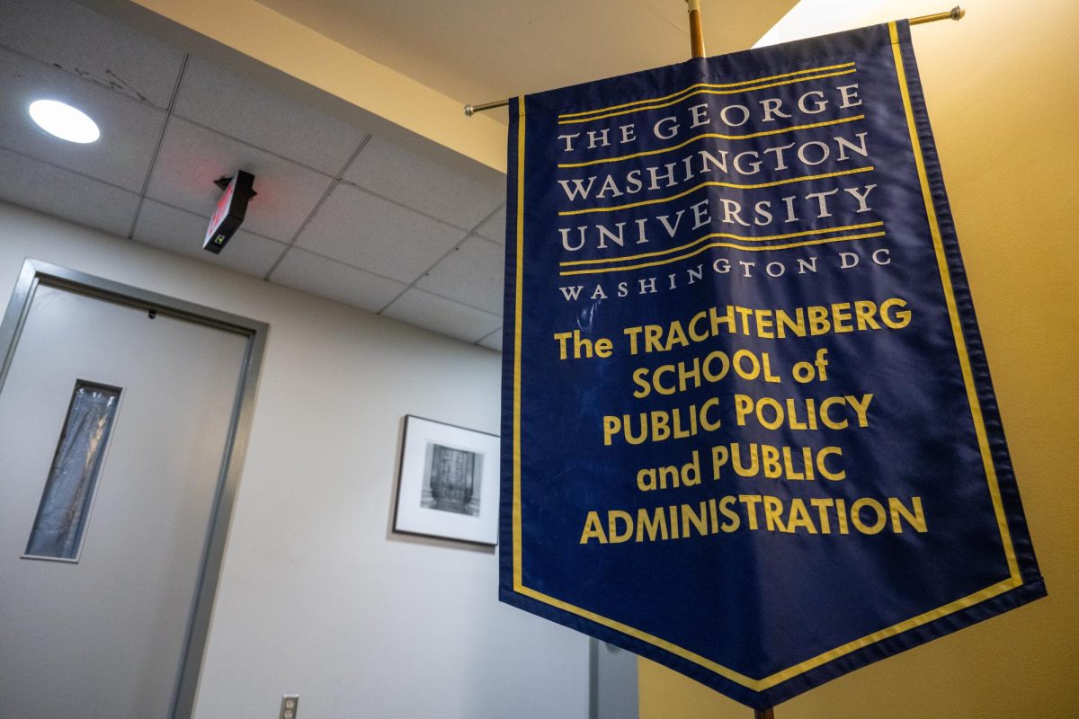 The pennant for the Trachtenberg School of Public Policy & Public Administration hangs in the school's office.