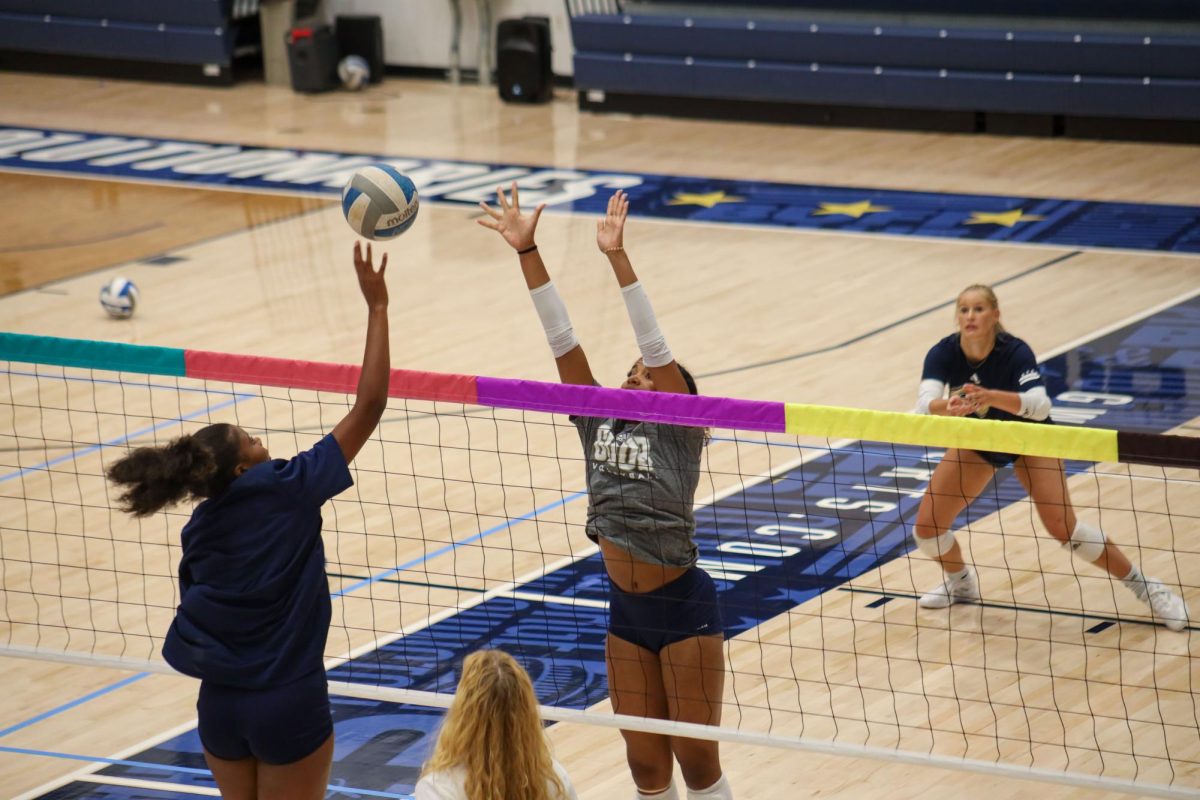 Freshman Riley Samuel jumps to block the ball during a practice Thursday.