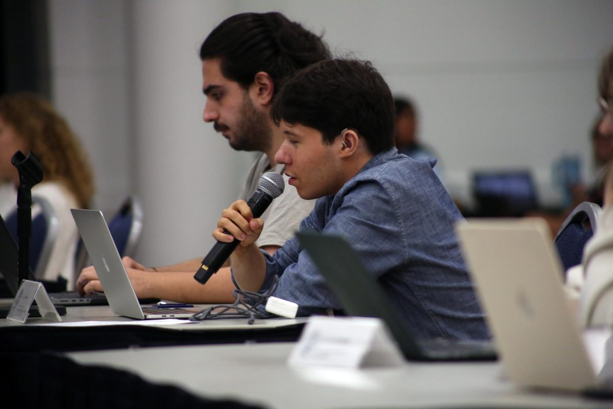 Student Government Association Sen. Jonesy Strell (CCAS-U) speaks during Monday's meeting.