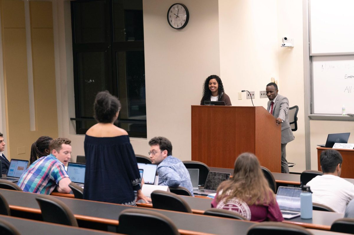 Student Bar Association Vice President of Finance Amanda Hichez answers questions during Tuesday's meeting.