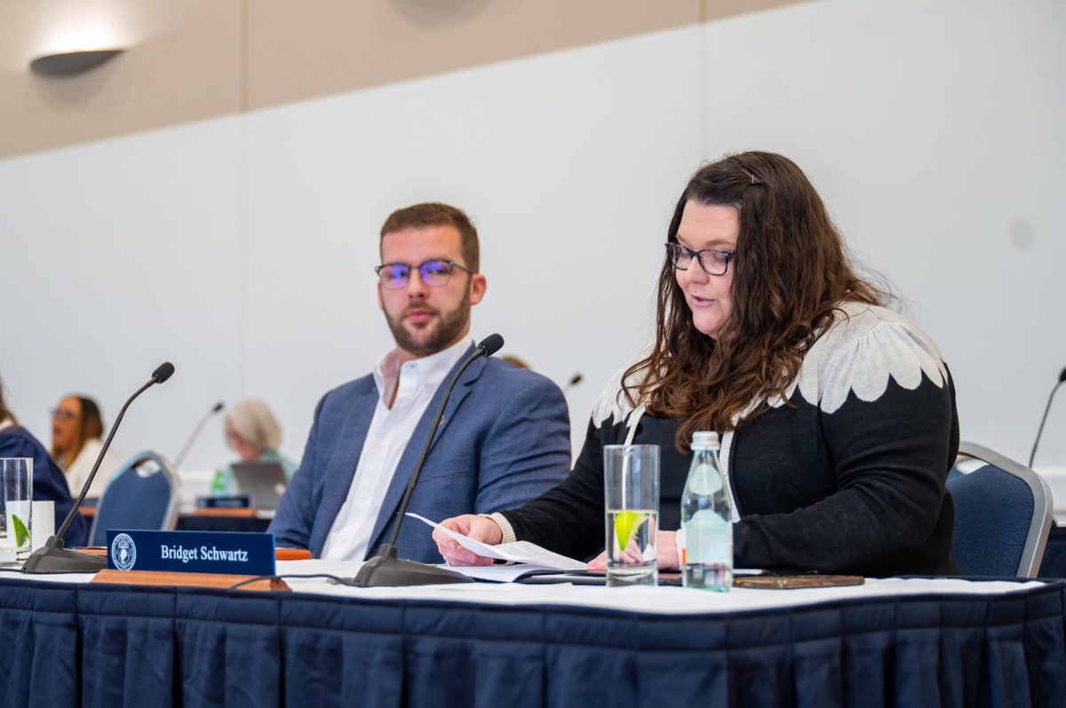 Staff Council President Bridget Schwartz speaks during a Board of Trustees meeting in May.