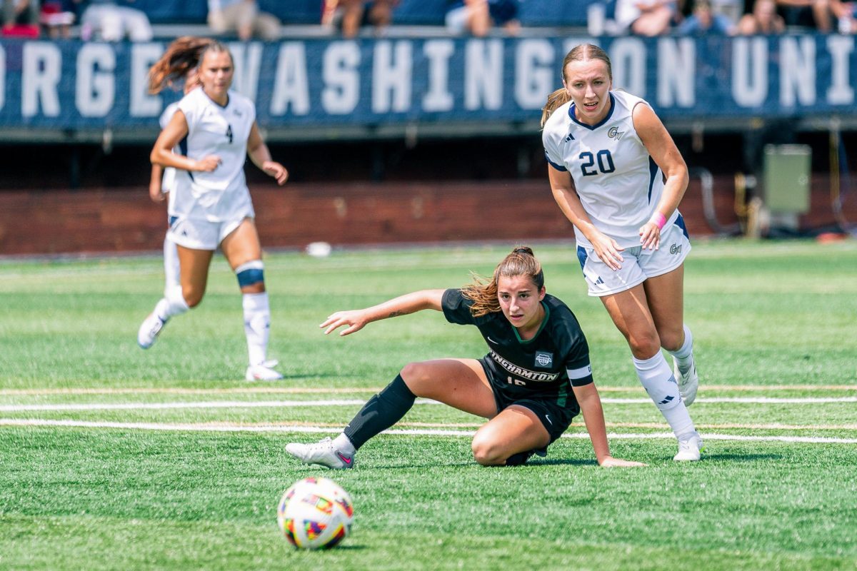 Senior defender Alicia Window moves past an opponent from Binghamton University during a game in August.