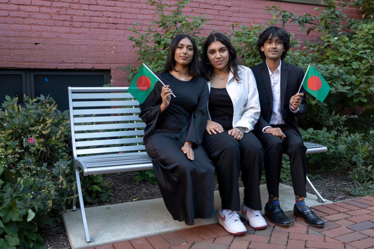 From left to right, members Labibah Haque, Mehek Laskur and Ayaan Syed of the Bengali Student Association sit for a portrait.