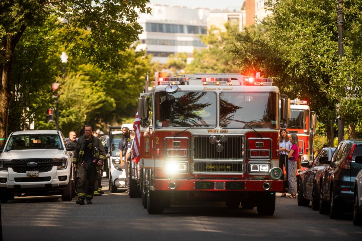 A fire engine parked outside the Science and Engineering Hall in response to the reported car fire.