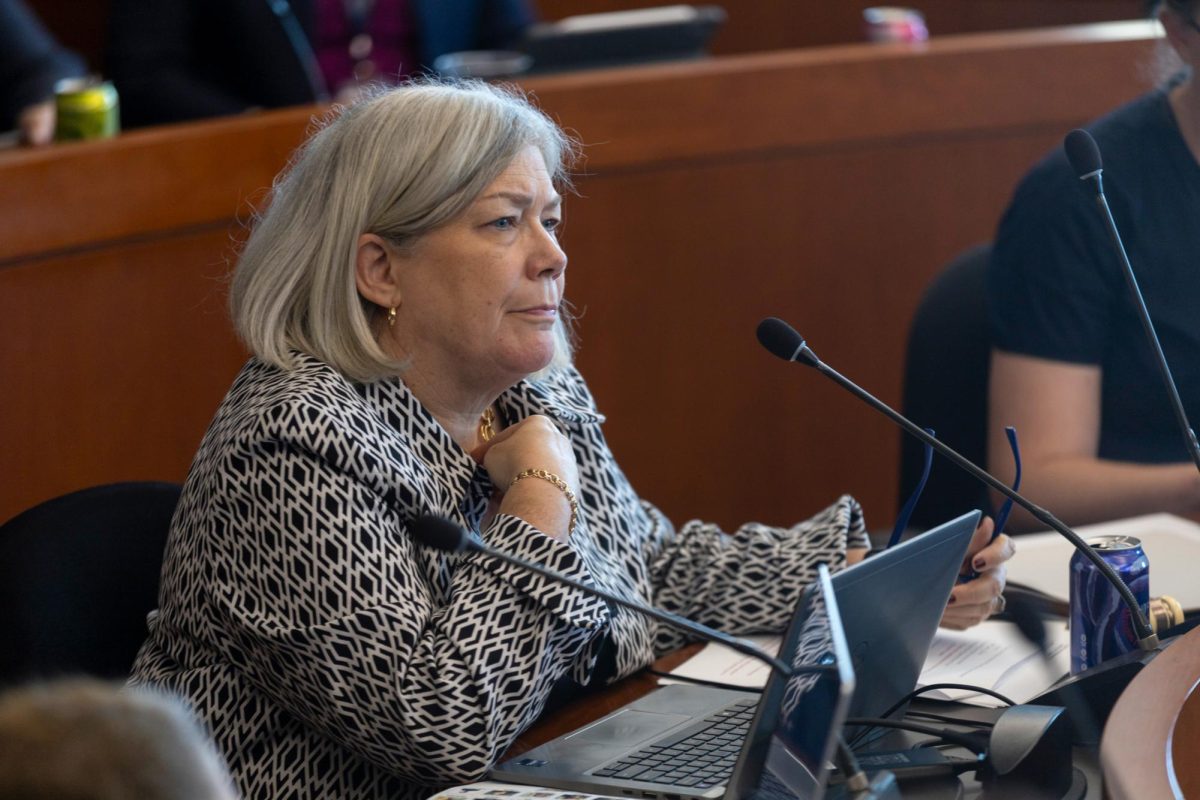 University President Ellen Granberg listens during a Faculty Senate meeting in September.