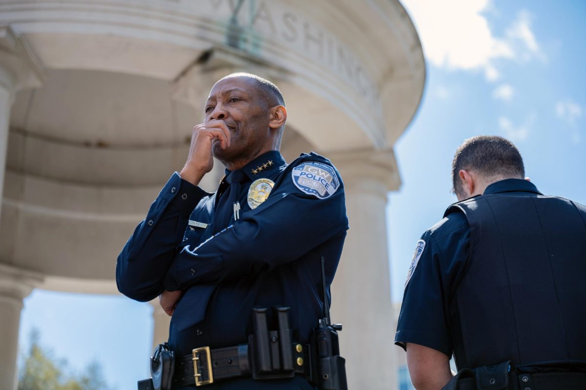 George Washington University Police Chief James Tate takes a question during a walk-through with The Hatchet this past April.