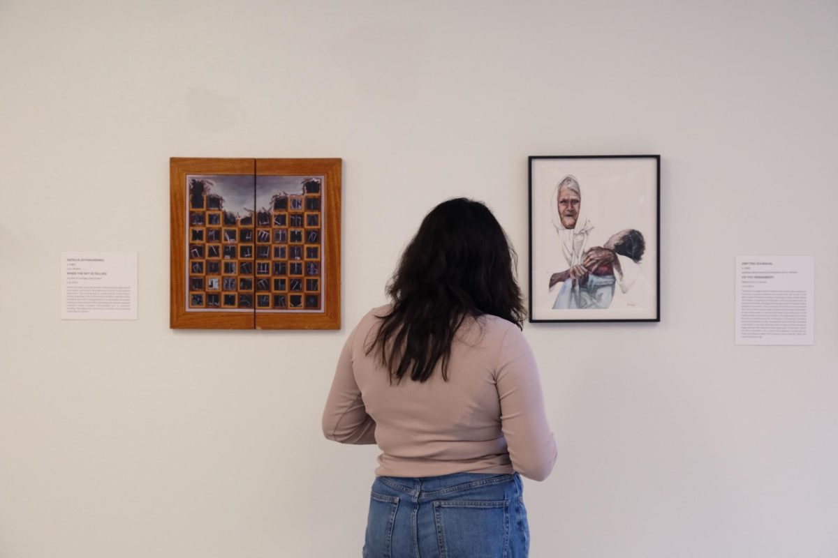 A student examines the collection of art at the "We Know Who They Are" exhibit in the Smith Hall of Art Gallery. 