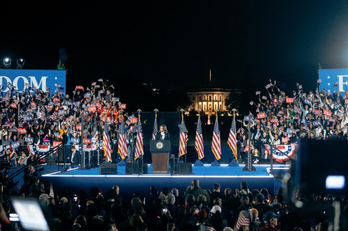 Vice President Kamala Harris speaks to rally goers in front of the White House at the Ellipse.