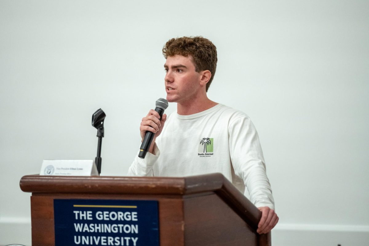 Student Government Association President Ethan Fitzgerald speaks during a recent SGA meeting.