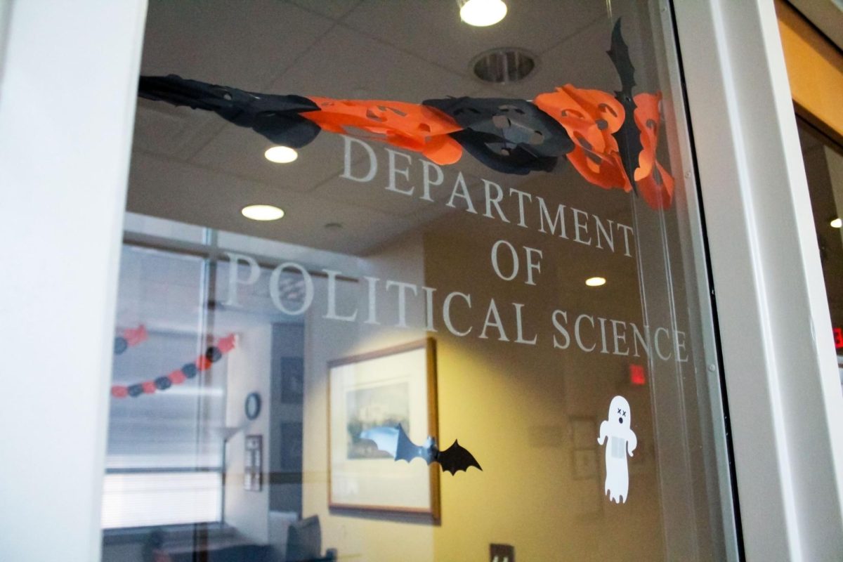 The entrance of the political science department on the fourth floor of Monroe Hall.