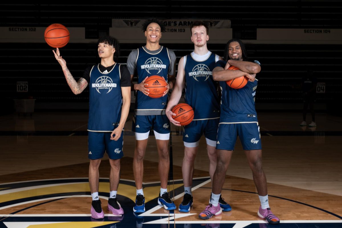 From left to right, transfers Trey Moss, Rafael Castro, Sean Hanson and Gerald Drumgoole Jr. pose for a portrait in the Smith Center. 