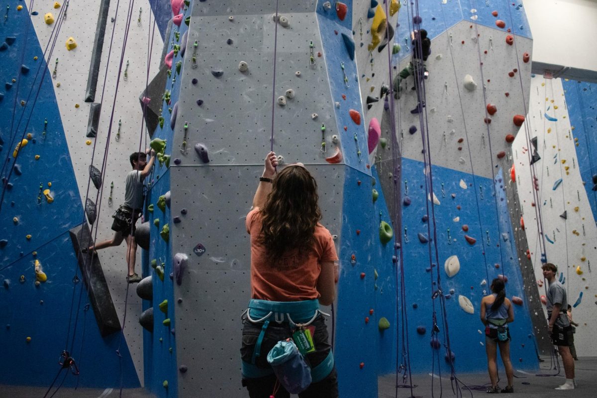 A GW Club Climbing member belays a teammate at Movement Climbing & Fitness in Crystal City.